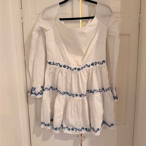 Caroline Constas Lennon White Dress with Blue Embroidery